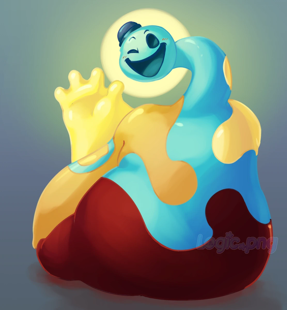 Digital drawing of Doey the Doughman from Poppy Playtime. He's sitting with his back facing the viewer and waving happily, a halo light behind him.